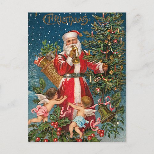 Vintage Santa with Angels Holiday Postcard