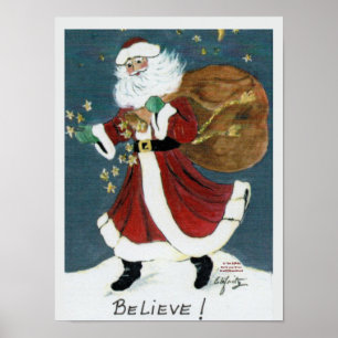 Vintage Santa with Bag Watercolor Drawing Believe Poster