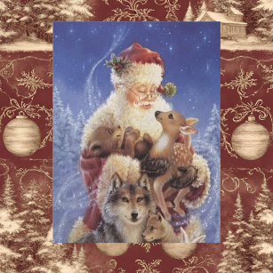 Vintage Santa with Bear Deer and Wolf Postcard