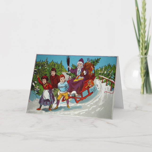 Vintage Santa with Birch Sticks Holiday Card (Front)