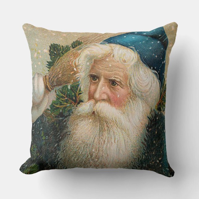 Vintage Santa with Blue Cap Throw Pillow (Front)