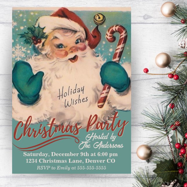Vintage Santa with Candy Cane Christmas Party Invitation (Vintage Santa with Candy Cane Christmas Party Invitation. Just add your event details!)