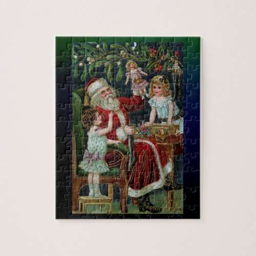 Vintage Santa with Children Gifts and Mistletoe Jigsaw Puzzle
