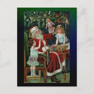 Vintage Santa with Children, Gifts and Mistletoe Postcard