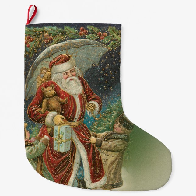 Vintage Santa with Children Large Christmas Stocking (Front)