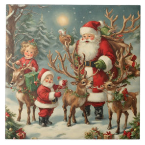 Vintage Santa with Children, Reindeer and Gifts Ceramic Tile