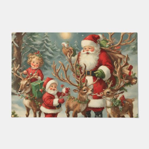 Vintage Santa with Children Reindeer and Gifts  Doormat