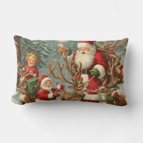 Vintage Santa with Children Reindeer and Gifts  Lumbar Pillow