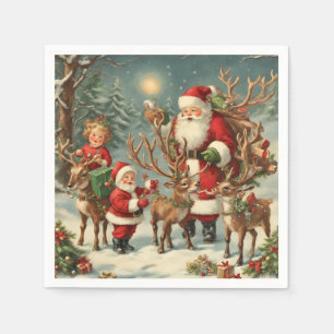 Vintage Santa with Children, Reindeer and Gifts Napkins