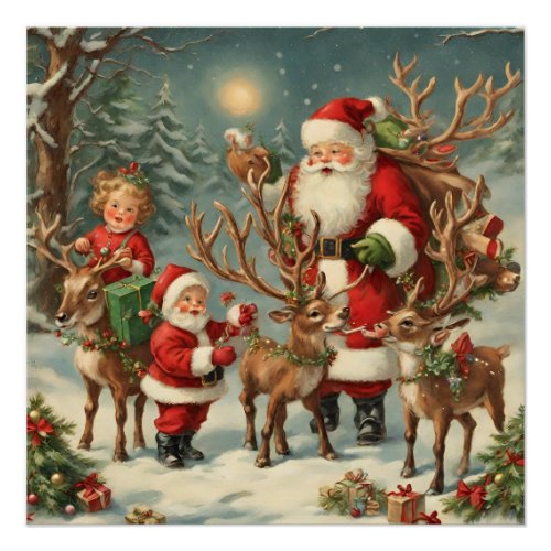 Vintage Santa with Children Reindeer and Gifts  Poster
