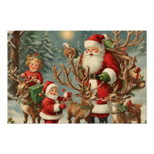 Vintage Santa with Children Reindeer and Gifts  Poster