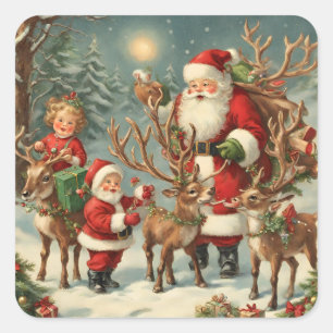 Vintage Santa with Children, Reindeer and Gifts Square Sticker