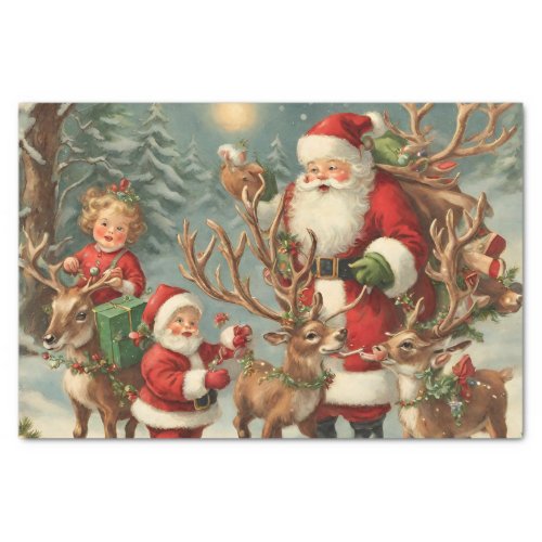 Vintage Santa with Children Reindeer and Gifts  Tissue Paper