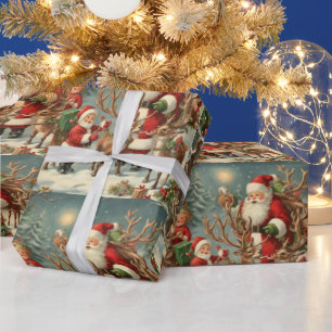 Vintage Santa with Children, Reindeer and Gifts  Wrapping Paper