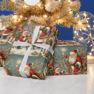 Vintage Santa with Children, Reindeer and Gifts Wrapping Paper