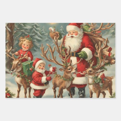 Vintage Santa with Children Reindeer and Gifts  Wrapping Paper Sheets