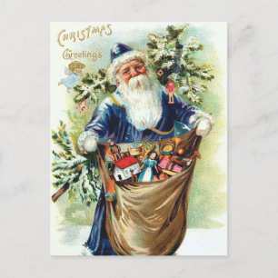 Vintage Santa with Christmas Tree and Toys Holiday Postcard