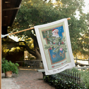 Vintage Santa with Decorated Christmas Tree House Flag