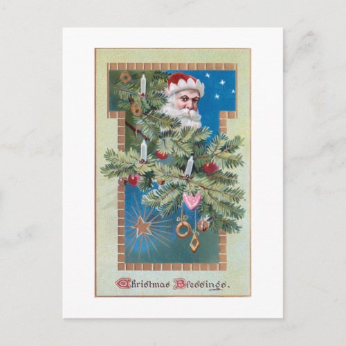 Vintage Santa with Decorated Christmas Tree Postcard