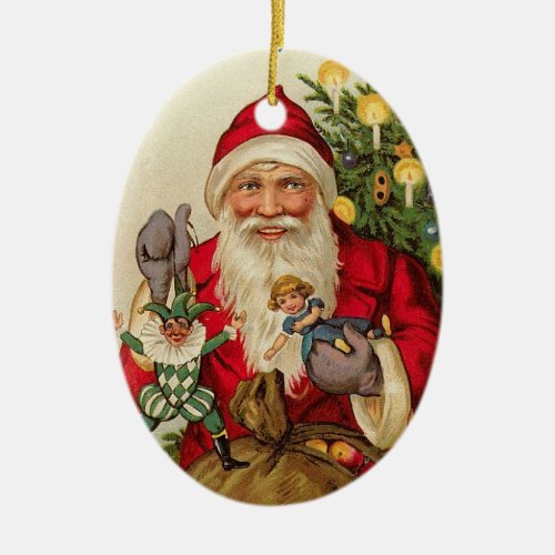 Vintage Santa with Doll and Joker Ceramic Ornament