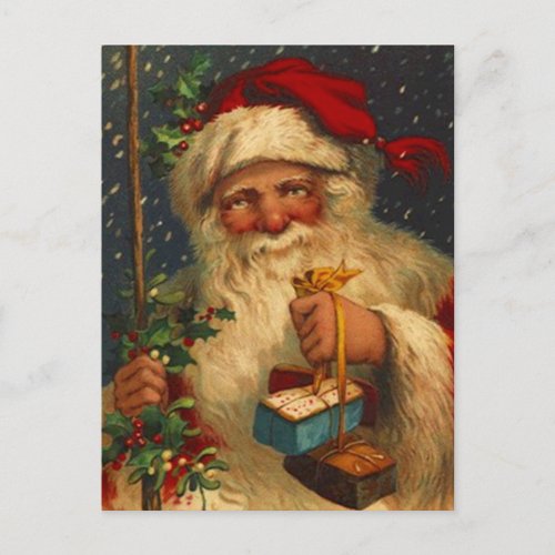 Vintage Santa with Gifts snowing snowflakes rustic Holiday Postcard
