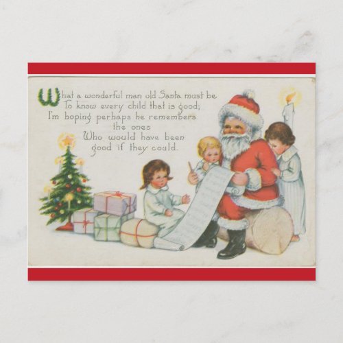 Vintage Santa With His List and Children Christmas Postcard