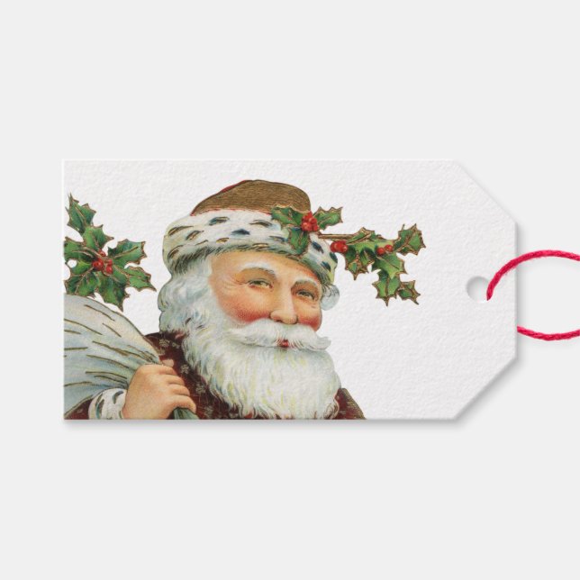 Vintage Santa with Holly Christmas Gift Tag (Front (Horizontal))