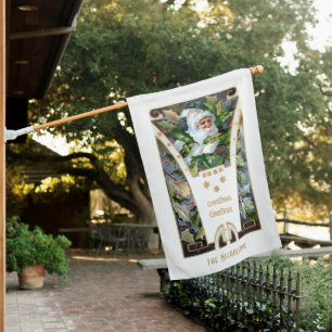 Vintage Santa with Holly & Gold Stars House Flag