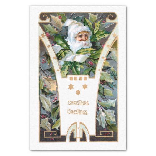 Vintage Santa with Holly  Gold Stars Tissue Paper