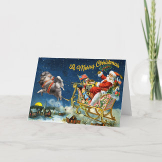 Vintage Santa with Keeshond Team Holiday Card
