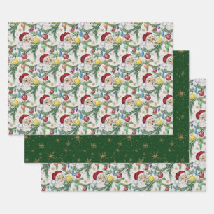 Vintage Santa with Ornaments & Pine Branches  Wrapping Paper Sheets