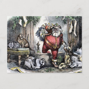 Vintage Santa with Pets Christmas Postcard