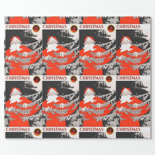 VINTAGE SANTA WITH PINE TREE Christmas Wrapping Paper