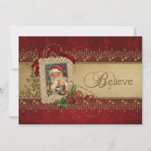 Vintage Santa with Poinsettia and Gold Lace Holiday Card