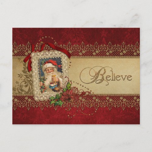 Vintage Santa with Poinsettia and Gold Lace Holiday Postcard