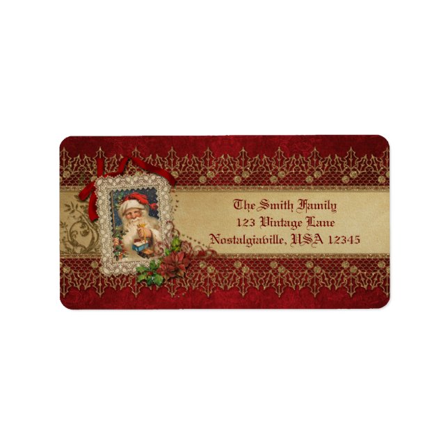 Vintage Santa with Poinsettia and Gold Lace Label (Front)