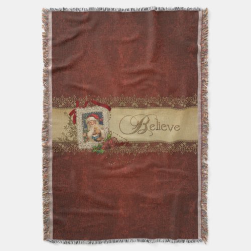 Vintage Santa with Poinsettia and Gold Lace Throw Blanket