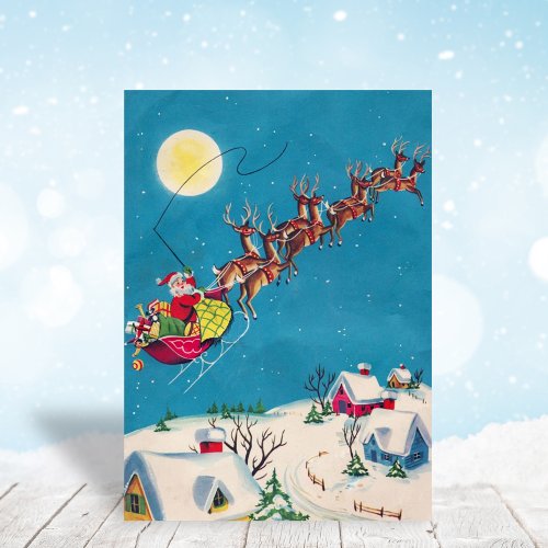 Vintage Santa With Reindeer Christmas Night Holiday Card