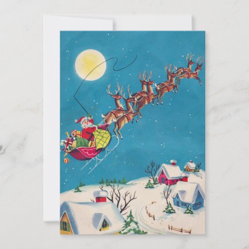 Vintage Santa With Reindeer Christmas Night Holiday Card