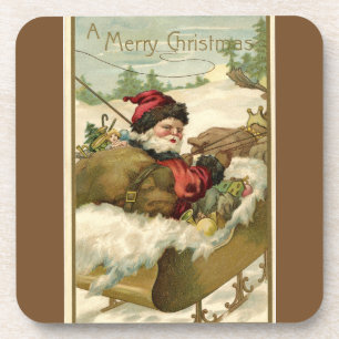 Vintage Santa with Sleigh Brown Beverage Coaster
