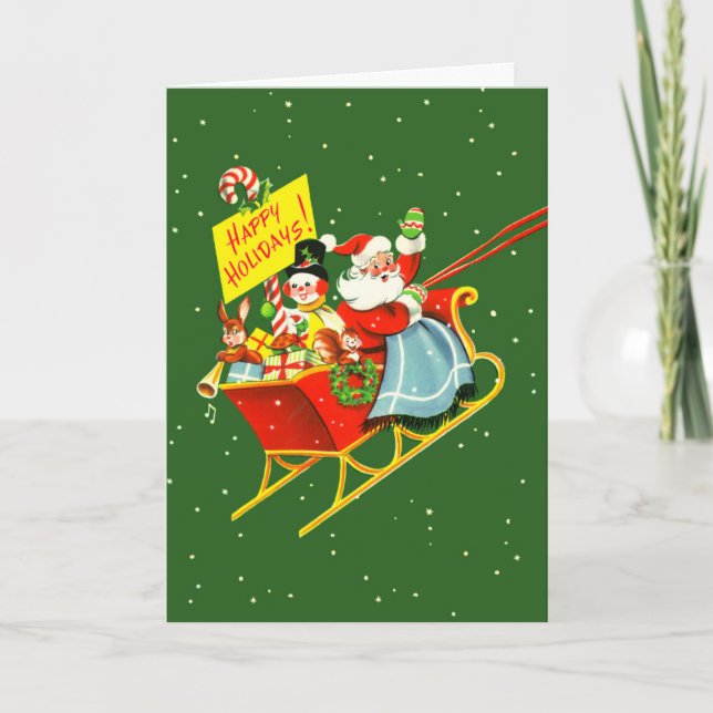 Vintage Santa with Sleigh Christmas Card (Front)