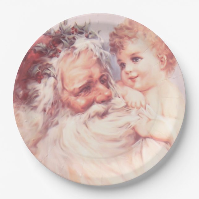 Vintage Santa With Sweet Small Child Paper Plates (Front)