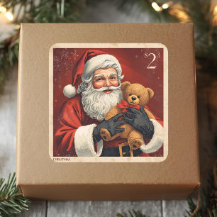Vintage Santa with Teddy Bear Christmas Postage Square Sticker