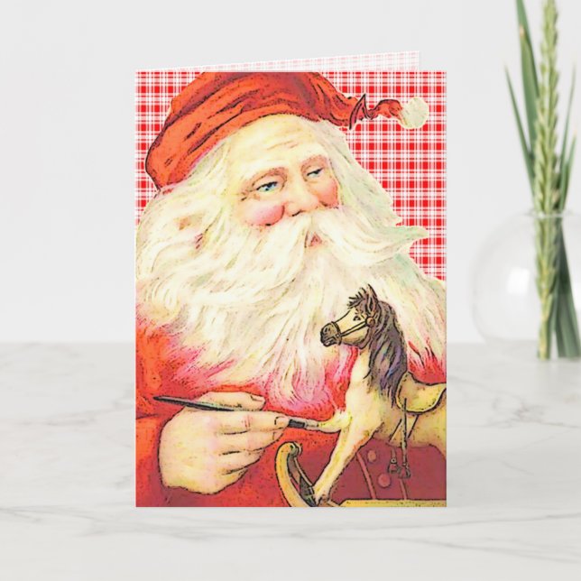 Vintage Santa with Toy Horse Holiday Card (Front)