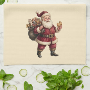 Vintage Santa with Toy Sack and Sweet Treat Kitchen Towel