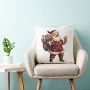 Vintage Santa with Toy Sack and Sweet Treat Throw Pillow