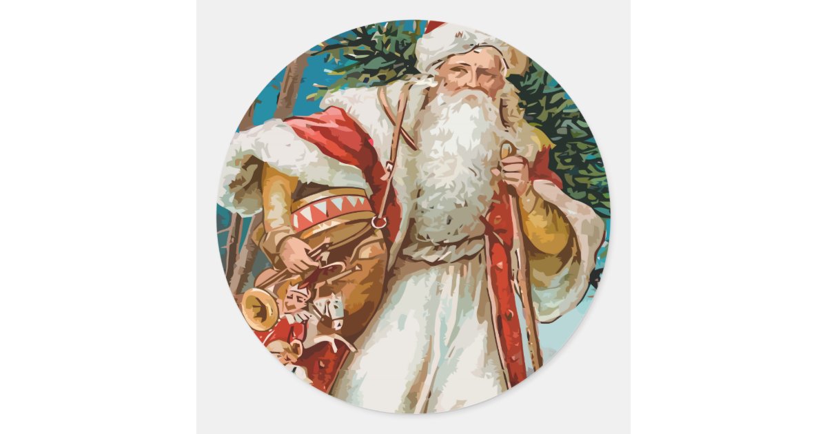 Santa Retro Rounds Vintage Santa with toys Classic Round Sticker | Zazzle