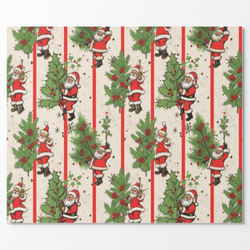 Vintage Santas Holly and Stripes Wrapping Paper