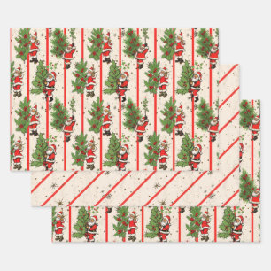 Vintage Santa's Holly and Stripes Wrapping Paper Sheets