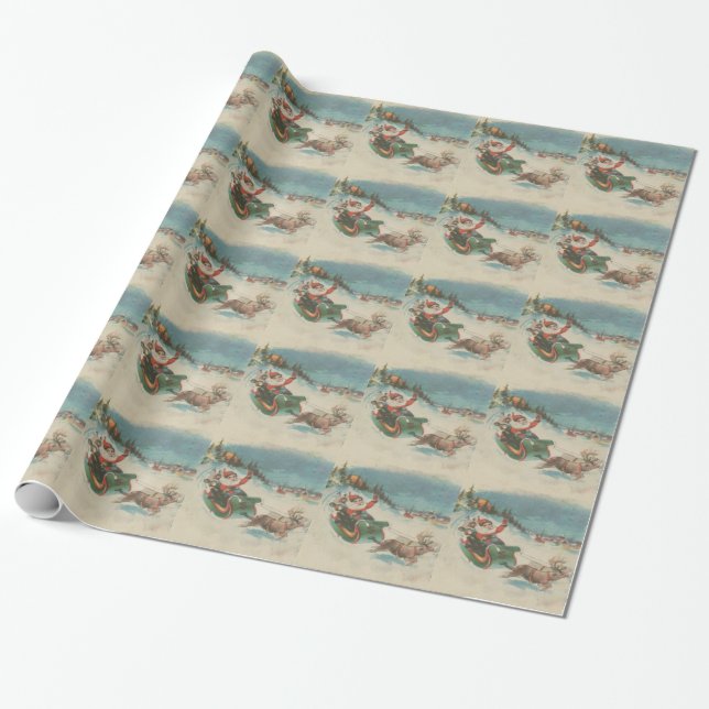 Vintage Santa's Sleigh and Reindeer Wrapping Paper (Unrolled)